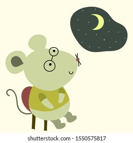 Cute Little Mouse In Glasses Is Looking Up At The Stars And Moon In The Sky. Cute Hand Drawn  Vector  Print For Nursery,  Apparel, Poster, Postcard And Child's Room, T-short And Ect.