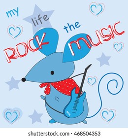 cute little mouse with a guitar and hearts and stars vector illustration