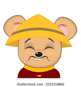 Cute little mouse in a hat and national costume. Japan, China, Vietnam