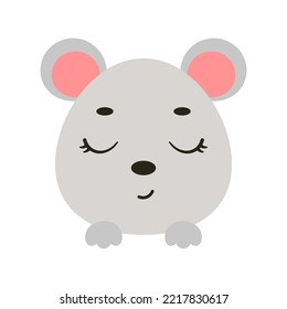 Pequeña cabeza de ratón con los ojos cerrados. Caricatura animal para camisetas de niños, decoración infantil, ducha de bebé, tarjeta de saludo, invitación, interior de la casa. Ilustración de material vectorial