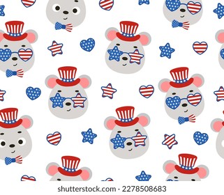 Cute kleine Maus Kopf in den USA patriotischen Hut nahtlose kindisch Muster. Funny Cartoon Tier Charakter für Stoff, Umhüllung, Textil, Tapete, Bekleidung. Vektorgrafik