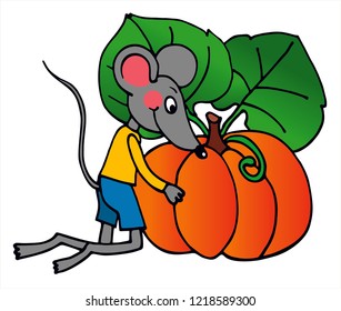 Cute little mouse is holding a big pumpkin. Colored vector for card or gift. 