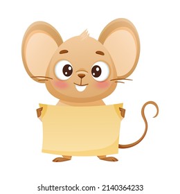 Cute little mouse holding blank banner. Adorable funny baby animal character cartoon vector illustration