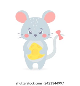 Pequeño ratoncito aguantando queso. Gracioso personaje de animal dibujado a mano para tarjetas de felicitación, pegatinas, afiches, invitaciones y estampado en vivero. Ilustración vectorial aislada en un fondo blanco.