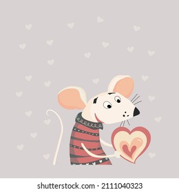 Cute little mouse holding a heart. Valentine's Day. Valentines day greeting card. Colorful design background with objects and symbols. Holidays invitation card, poster, banner. Vector illustrator.