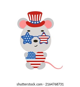 Cute little mouse holding heart in USA patriotic hat and glasses. Cartoon animal character for kids t-shirt, decoration, baby shower, greeting card, house interior. Vector stock illustration