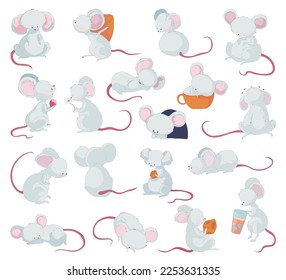 Cute Little Mouse with Long Tail Engaged in Different Activity Big Vector Set