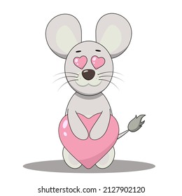 Cute little mouse in love holding a heart vector illustration. Gray cartoon field mouse