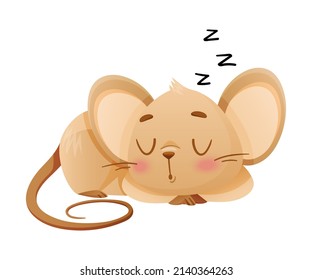 Pequeño y lindo ratón que miente y duerme. Dibujo vectorial de dibujos animados de personajes de animales de bebé divertidos y adorables