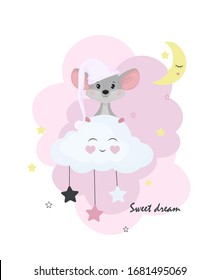 Cute little mouse in a nightcap on a cloud. Cartoon character illustration for children, books, t-shirt, maps, prints, posters and decorations, children's clothing, baby shower.