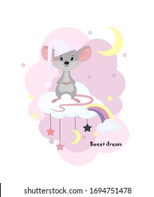 Cute little mouse in a nightcap on a cloud. Cartoon character illustration for children, books, t-shirt, maps, prints, posters and decorations, children's clothing, baby shower.