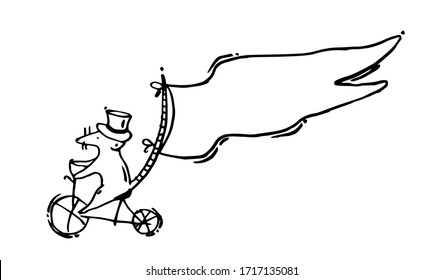 Cute little mouse on a bicycle with a flag. Doodle vector illustration, hand-drawn sketch. The linear rat rides a bike. Place for text, clipart element for design.