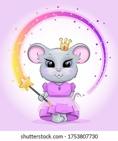 Cute little mouse princess in the purple dress and with a crown and magic stick. Vector illustration of an animal on a purple background