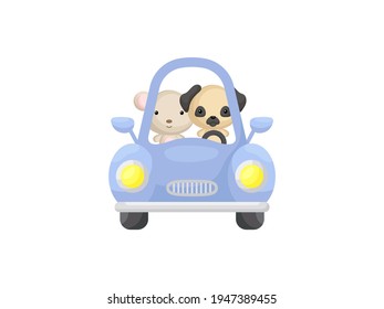 Cute little mouse and pug dog driving blue car. Cartoon character for childrens book, album, baby shower, greeting card, party invitation, house interior. Vector stock illustration.