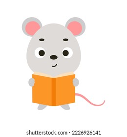Cute little mouse reading book on white background. Cartoon animal character for kids t-shirt, nursery decoration, baby shower, greeting card, house interior. Vector stock illustration