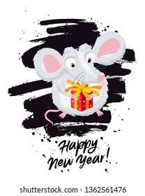 Cute little mouse with a red gift box. The symbol of the Chinese 2020. Happy New Year. Lettering. A stroke of black ink. Holiday card. Vector illustration on white background.