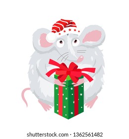 Cute little mouse in a red hat with a big green gift box. The symbol of the new Chinese 2020. Holiday card. Vector illustration on white background.