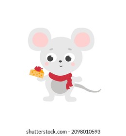 Cute little mouse in a red scarf and with a big piece of cheese decorated with a bow. Christmas cute character. Merry Christmas. Vector illustration. Greeting card, sticker or banner.
