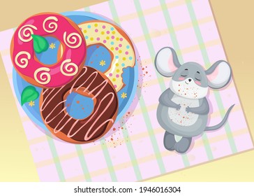 Cute little mouse relaxing after eating donut illustration. Happy rodent lying on table beside doughnuts after meal. Menu design, lunch, coffee break, unhealthy snack, cafe concept