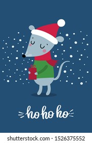 Cute little mouse in santa hat and scarf with present on a blue background with snowflakes. Vector greeting card for Christmas and New Year