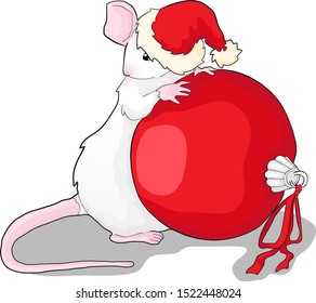 Cute little mouse in santa's hat and christmas ball symbol of the year 2020 in cartoons style. Hand draw vector illustration of little white mice symbol of the tradition asian new year.