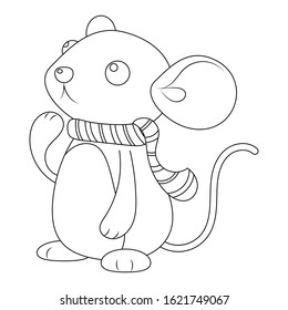 Cute little mouse with scarf vector illustration cartoon isolated on white background colorless for coloring book.