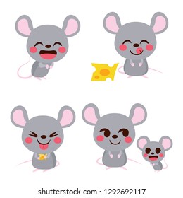 Cute little mouse set eating cheese smiling and family