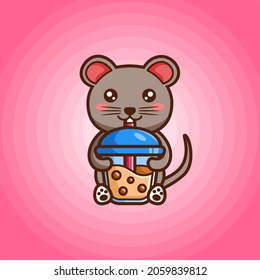 Cute little mouse sit down and drinking a cup of sweet drink. A creative illustration of cute animal. Drinking a cup of chocolate drink.