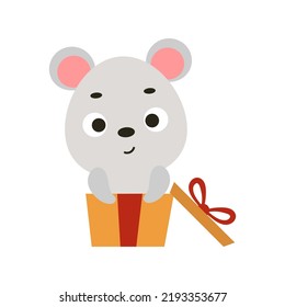 Cute little mouse sitting in gift box. Cartoon animal character for kids t-shirts, nursery decoration, baby shower, greeting cards, invitations, house interior. Vector stock illustration.