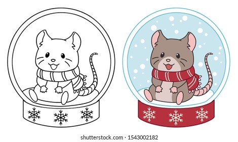 Cute little mouse sitting into the crystal ball. Contour vector illustration isolated on white background. Can be used for coloring book, greeting cards, sticker, tattoo, shirt, design template.