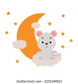 Cute little mouse sitting on cloud. Cartoon animal character for kids t-shirt, nursery decoration, baby shower, greeting cards, invitations, house interior. Vector stock illustration