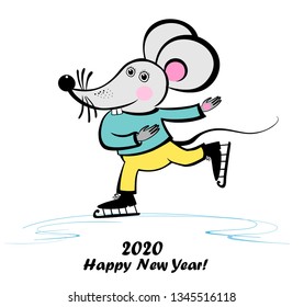 Cute Little Mouse is skating. Concept image of symbol chinese happy new year 2020. Wild rat. Freehand drawn silhouette small mouse. Lunar horoscope sign. New Year card, t-shirt composition.  vector