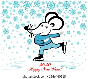 Cute Little Mouse is skating. Concept image of symbol chinese happy new year 2020. Wild rat. Freehand drawn silhouette small mouse. Lunar horoscope sign. New Year card, t-shirt composition. Vector