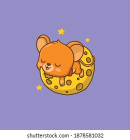 Cute little mouse sleeping on top of moon-shaped cheese.