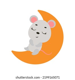 Cute little mouse sleeping on moon. Cartoon animal character for kids t-shirt, nursery decoration, baby shower, greeting cards, invitations, house interior. Vector stock illustration