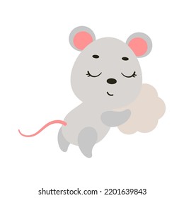 Cute little mouse sleeping on cloud. Cartoon animal character for kids t-shirt, nursery decoration, baby shower, greeting cards, invitations, house interior. Vector stock illustration