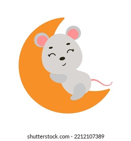 Cute little mouse sleeping on moon. Cartoon animal character for kids t-shirt, nursery decoration, baby shower, greeting cards, invitations, house interior. Vector stock illustration