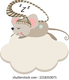 Cute little mouse sleeping on the cloud with hat

