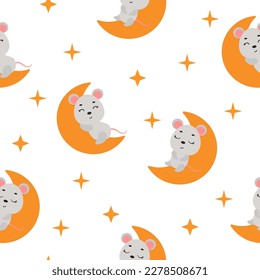 Cute little mouse sleeping on moon seamless childish pattern. Funny cartoon animal character for fabric, wrapping, textile, wallpaper, apparel. Vector illustration
