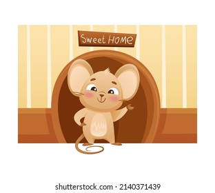 Cute Little Mouse Standing On Doorstep Of Mink. Adorable Funny Baby Animal Character Cartoon Vector Illustration