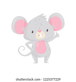 Cute little mouse standing and showing thumb up. Funny cartoon character. Flat vector icon