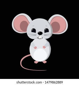 Cute Little Mouse Symbol Of New Year 2020. White Metal Rat According To The Chinese Horoscope. Isolated Vector Illustration On Black Background, Template, Clipart.