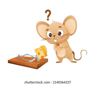 Cute little mouse trying to get cheese out of moustrap. Adorable funny baby animal character cartoon vector illustration