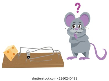 Cute little mouse trying to get cheese out of moustrap. Adorable funny baby animal character cartoon vector illustration.