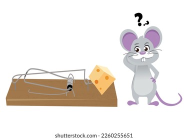 Cute little mouse trying to get cheese out of moustrap. Adorable funny baby animal character cartoon vector illustration.