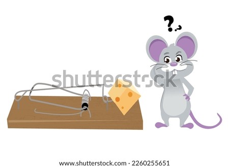 Cute little mouse trying to get cheese out of moustrap. Adorable funny baby animal character cartoon vector illustration.