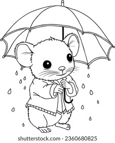 Cute little mouse with an umbrella. Hand drawing illustration