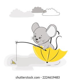 Cute little mouse in umbrella. Vector childish illustration.