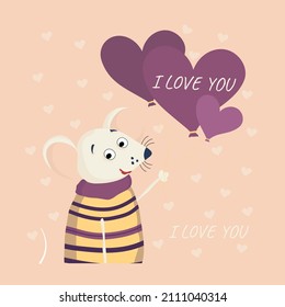 Cute little mouse vector illustrator is holding balloons. Valentine's Day. Valentines day greeting card. Colorful design background with objects and symbols. Holidays invitation card, poster, banner