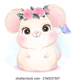 Cute little mouse with watercolor illustration